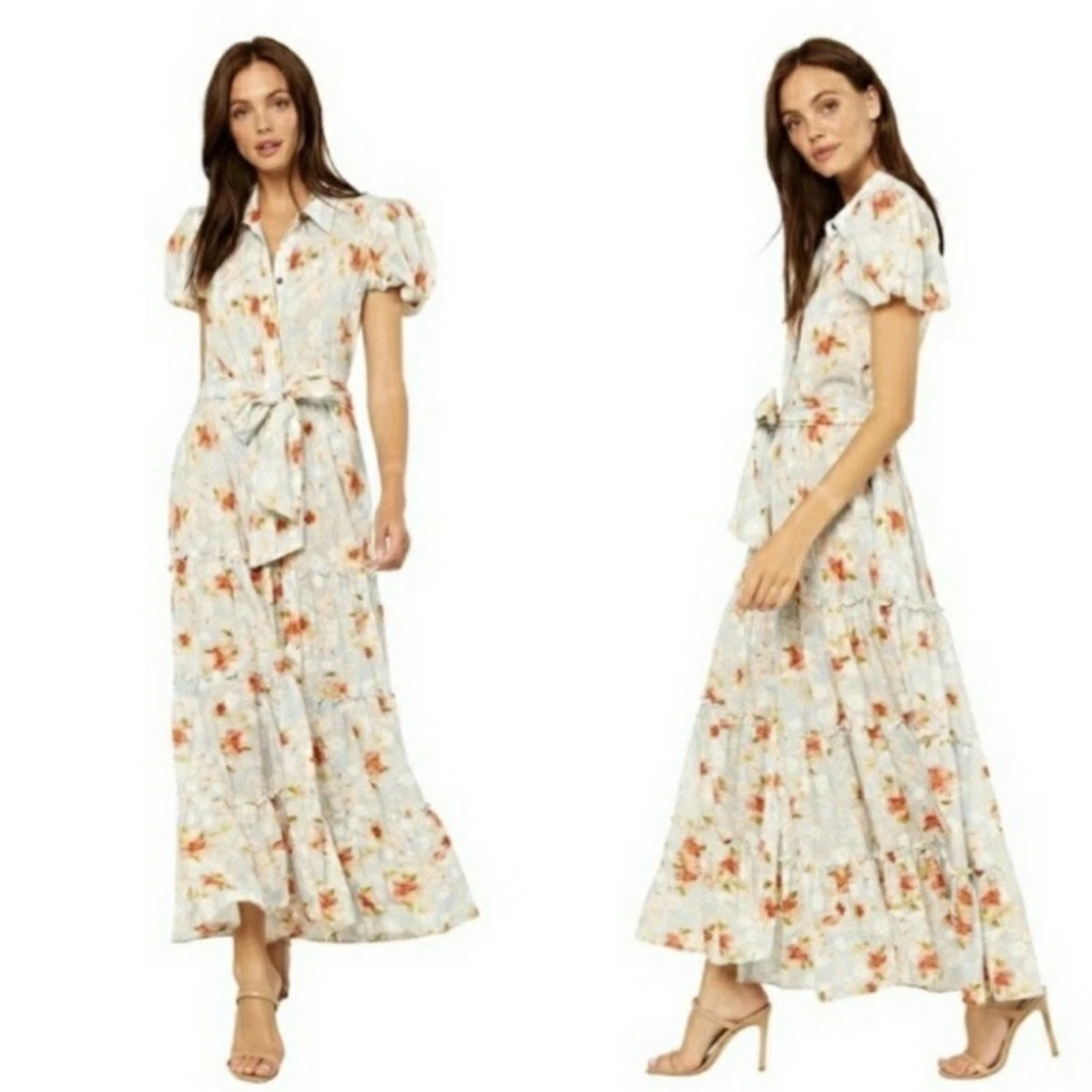 Misa Los Angeles Eveleigh Dress Belted Tiered Maxi Dress In Daydream Floral (M)
